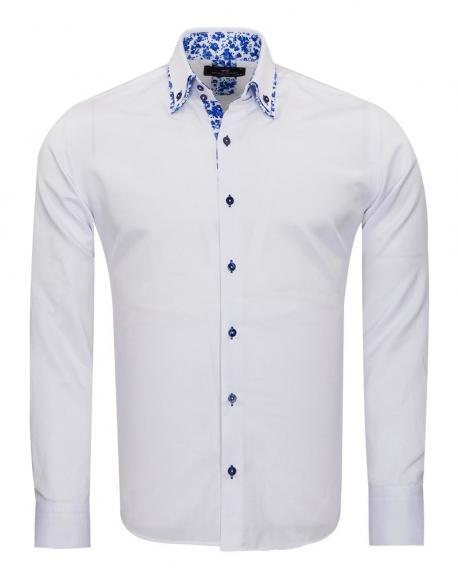 SL 6899 Men's white double collar floral print trim long sleeved shirt